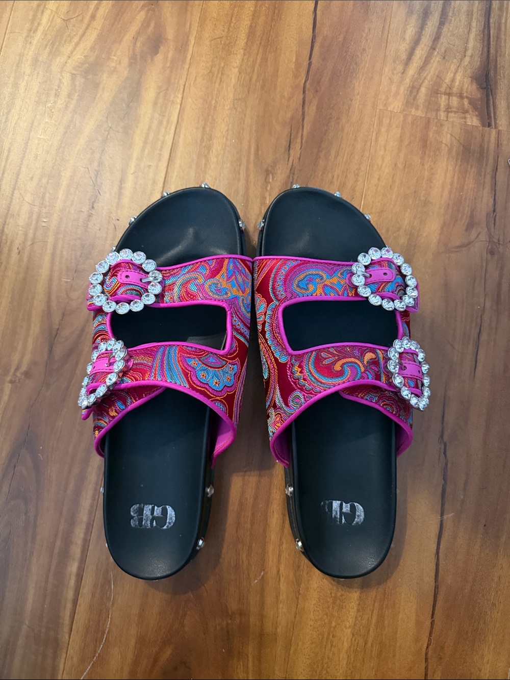Paisley Crystal-Buckle Slide Sandals
